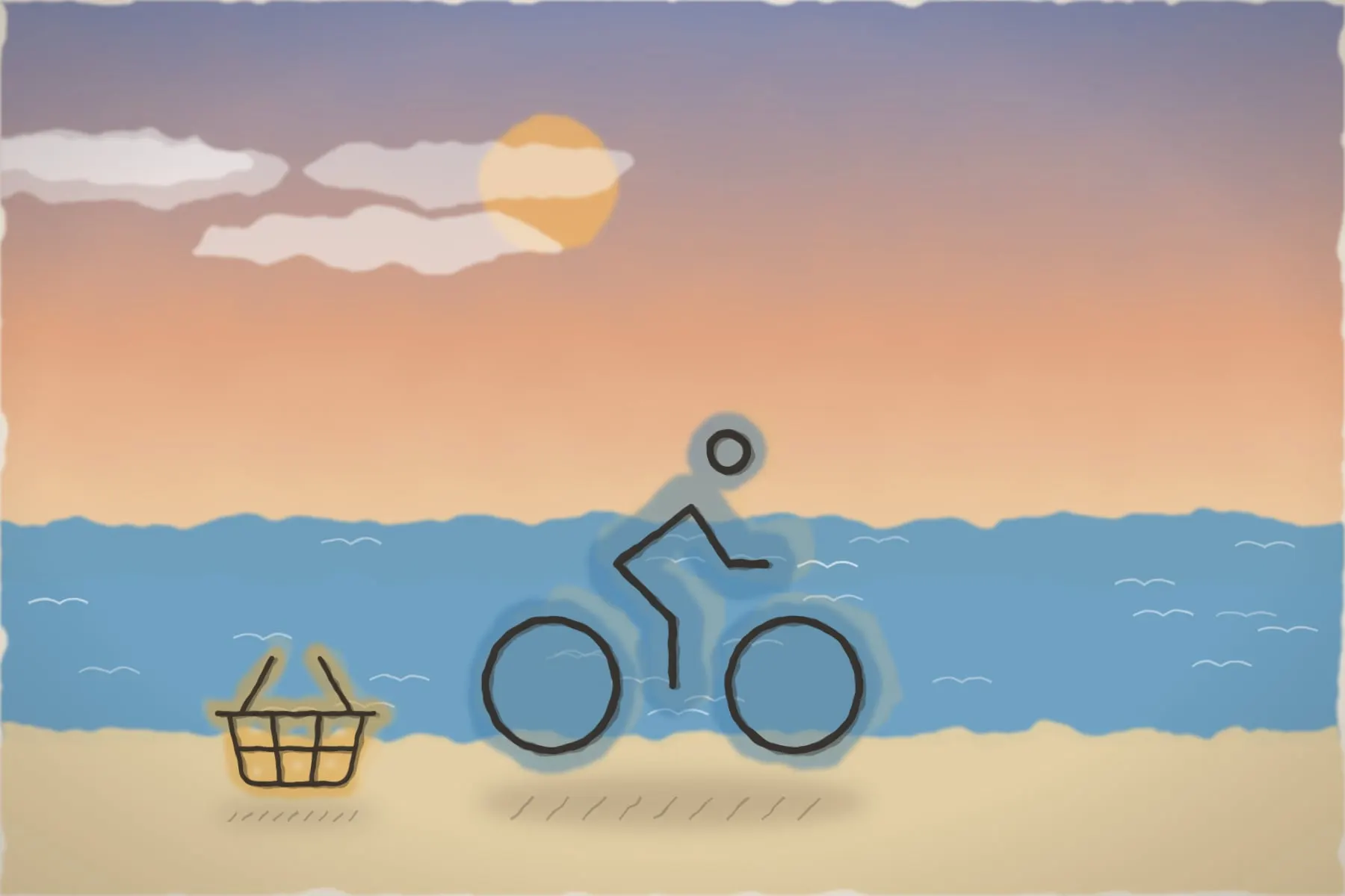 Bicicletă de oraș cu coș, pe lângă plajă (ilustrație)