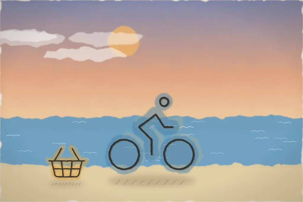 Bicicletă de oraș cu coș, pe lângă plajă (ilustrație)