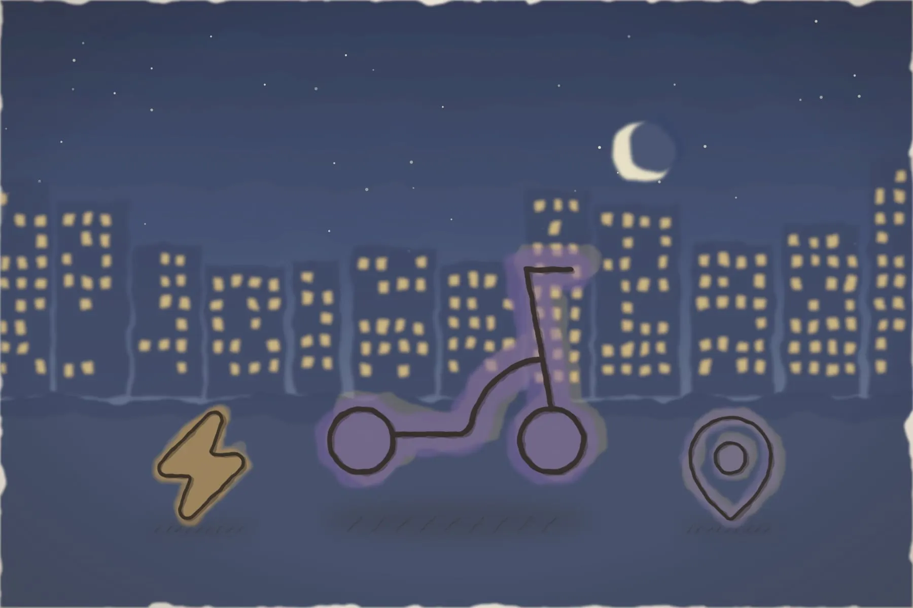 Trotinetă electrică seara, prin stațiune (ilustrație)